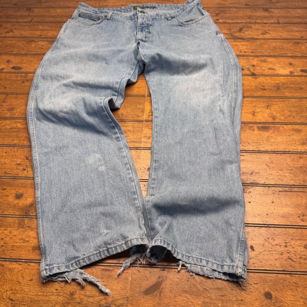 Cabelas Mens Classic Fit Light Wash Distressed Denim Jeans 40x32 Blue Button Fly